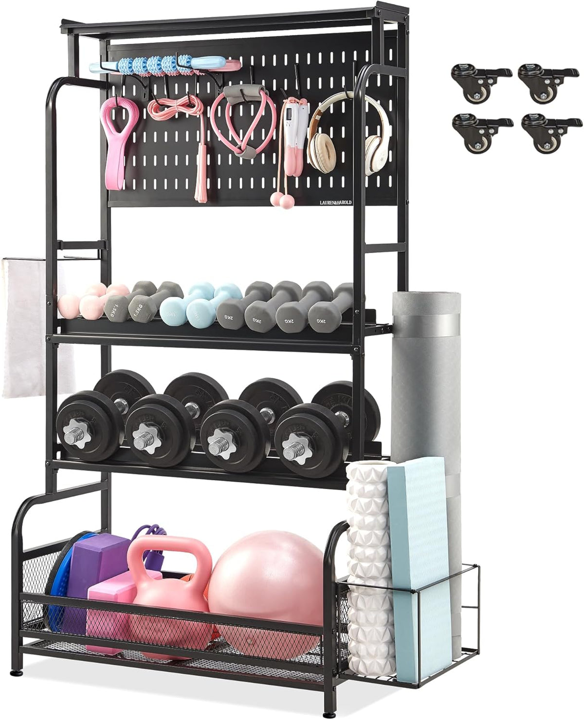 56'' Taller Home Gym Storage Organizer, Red Modern Alloy Steel Workout Equipment Storage Rack with Wheels and Hooks