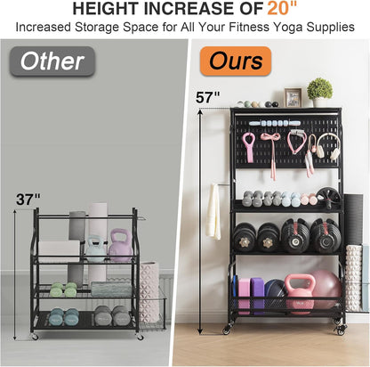 56'' Taller Home Gym Storage Organizer, Red Modern Alloy Steel Workout Equipment Storage Rack with Wheels and Hooks