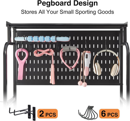 56'' Taller Home Gym Storage Organizer, Red Modern Alloy Steel Workout Equipment Storage Rack with Wheels and Hooks