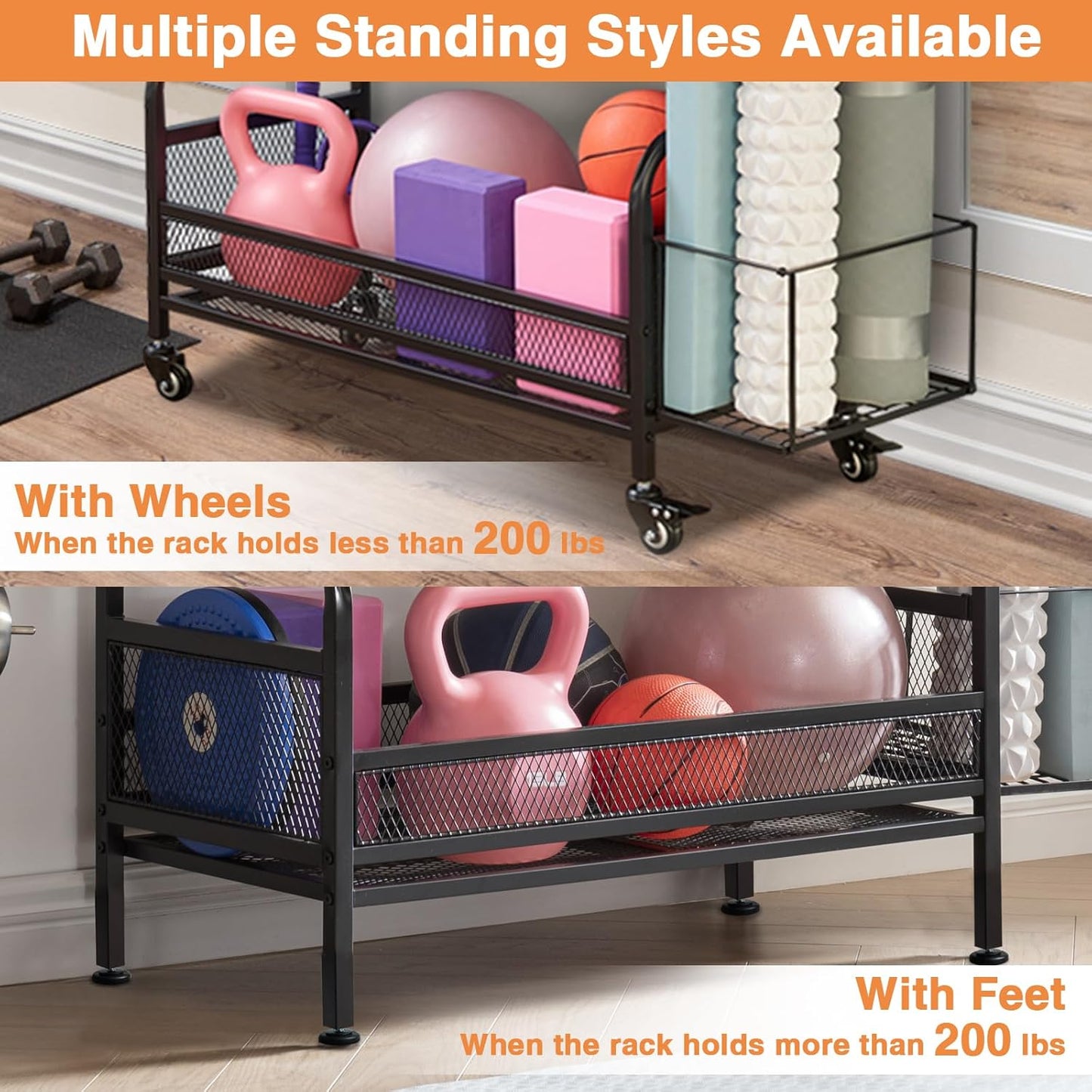 56'' Taller Home Gym Storage Organizer, Red Modern Alloy Steel Workout Equipment Storage Rack with Wheels and Hooks
