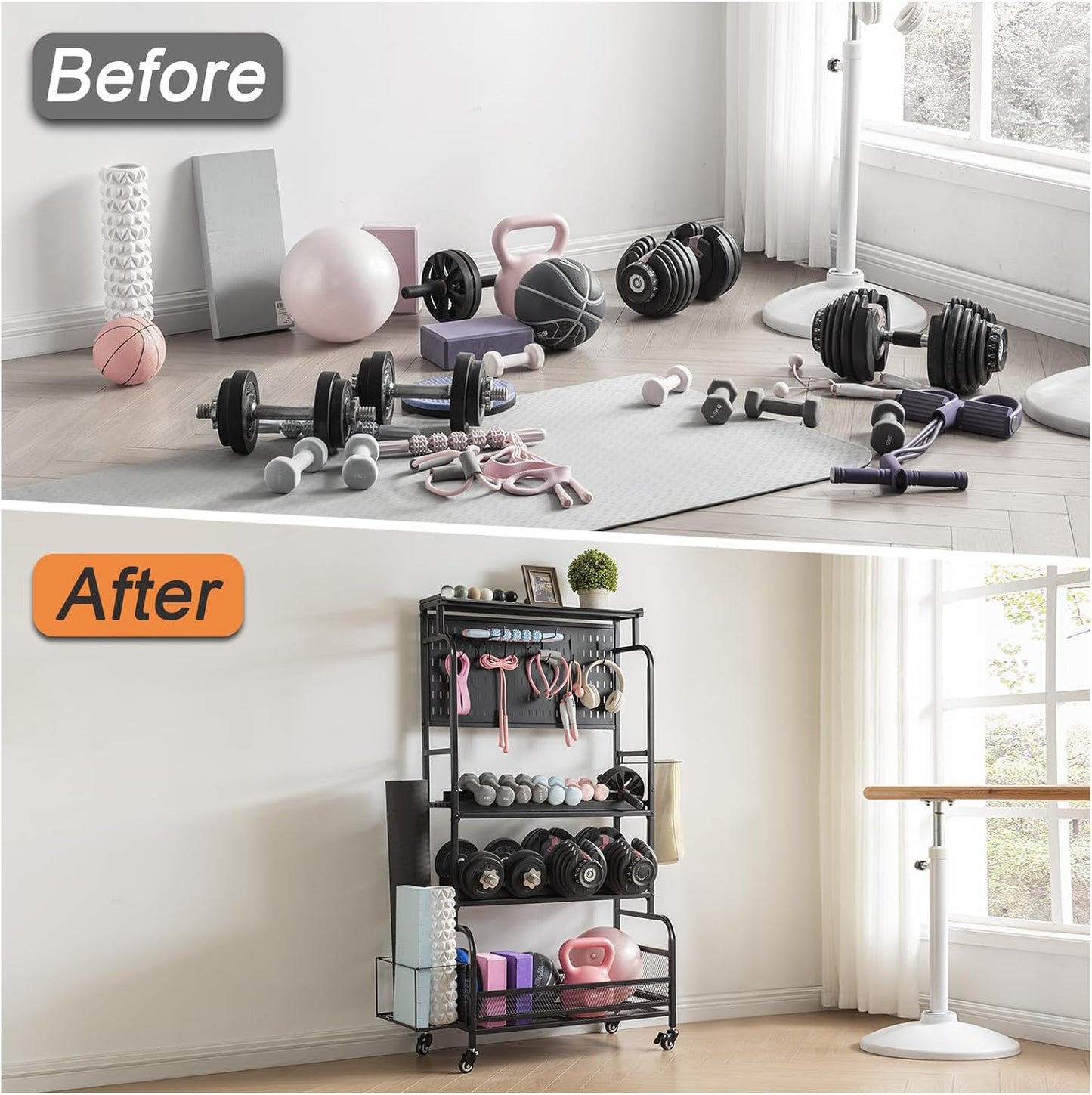 56'' Taller Home Gym Storage Organizer, Red Modern Alloy Steel Workout Equipment Storage Rack with Wheels and Hooks