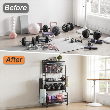 56'' Taller Home Gym Storage Organizer, Red Modern Alloy Steel Workout Equipment Storage Rack with Wheels and Hooks