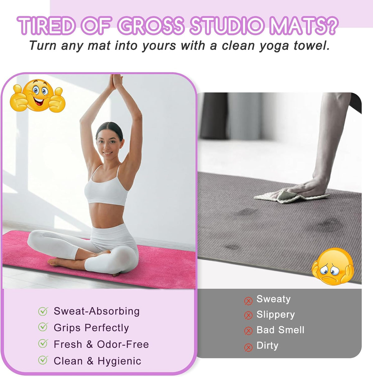 Hot Yoga Mat Towel Set – Non-Slip 600GSM Thickened Microfiber Yoga Mat Cover (70"x25.5") + Hand Towel – Super Absorbent, Skidless Sweat Towel for Hot Pilates, Bikram & Fitness, Dark Pink