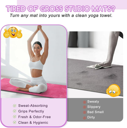 Hot Yoga Mat Towel Set – Non-Slip 600GSM Thickened Microfiber Yoga Mat Cover (70"x25.5") + Hand Towel – Super Absorbent, Skidless Sweat Towel for Hot Pilates, Bikram & Fitness, Dark Pink