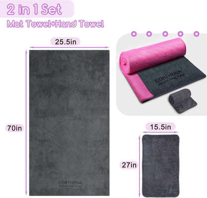 Hot Yoga Mat Towel Set – Non-Slip 600GSM Thickened Microfiber Yoga Mat Cover (70"x25.5") + Hand Towel – Super Absorbent, Skidless Sweat Towel for Hot Pilates, Bikram & Fitness, Dark Pink