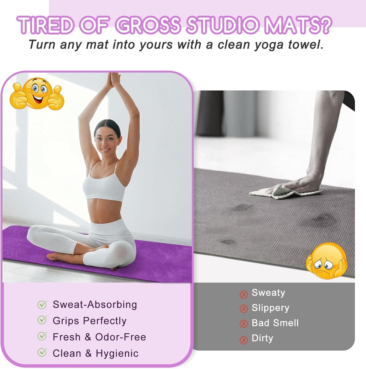 Hot Yoga Mat Towel Set – Non-Slip 600GSM Thickened Microfiber Yoga Mat Cover (70"x25.5") + Hand Towel – Super Absorbent, Skidless Sweat Towel for Hot Pilates, Bikram & Fitness, Dark Pink