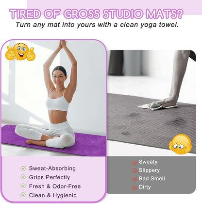 Hot Yoga Mat Towel Set – Non-Slip 600GSM Thickened Microfiber Yoga Mat Cover (70"x25.5") + Hand Towel – Super Absorbent, Skidless Sweat Towel for Hot Pilates, Bikram & Fitness, Dark Pink