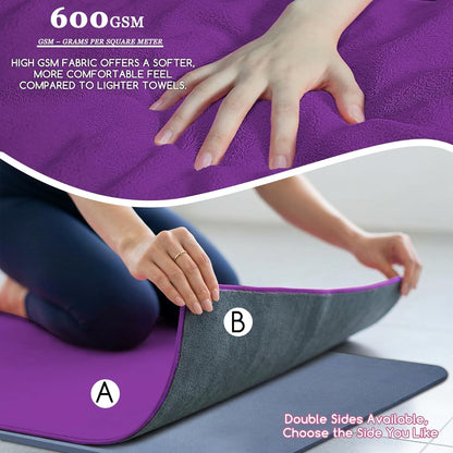 Hot Yoga Mat Towel Set – Non-Slip 600GSM Thickened Microfiber Yoga Mat Cover (70"x25.5") + Hand Towel – Super Absorbent, Skidless Sweat Towel for Hot Pilates, Bikram & Fitness, Dark Pink