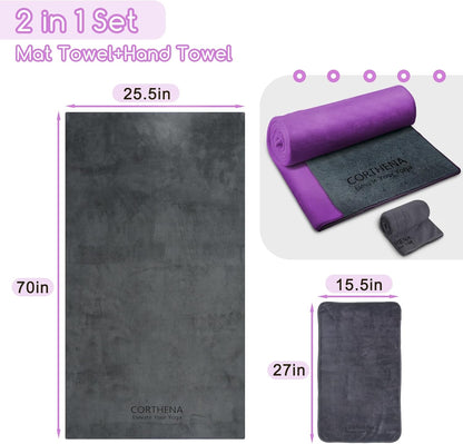 Hot Yoga Mat Towel Set – Non-Slip 600GSM Thickened Microfiber Yoga Mat Cover (70"x25.5") + Hand Towel – Super Absorbent, Skidless Sweat Towel for Hot Pilates, Bikram & Fitness, Dark Pink