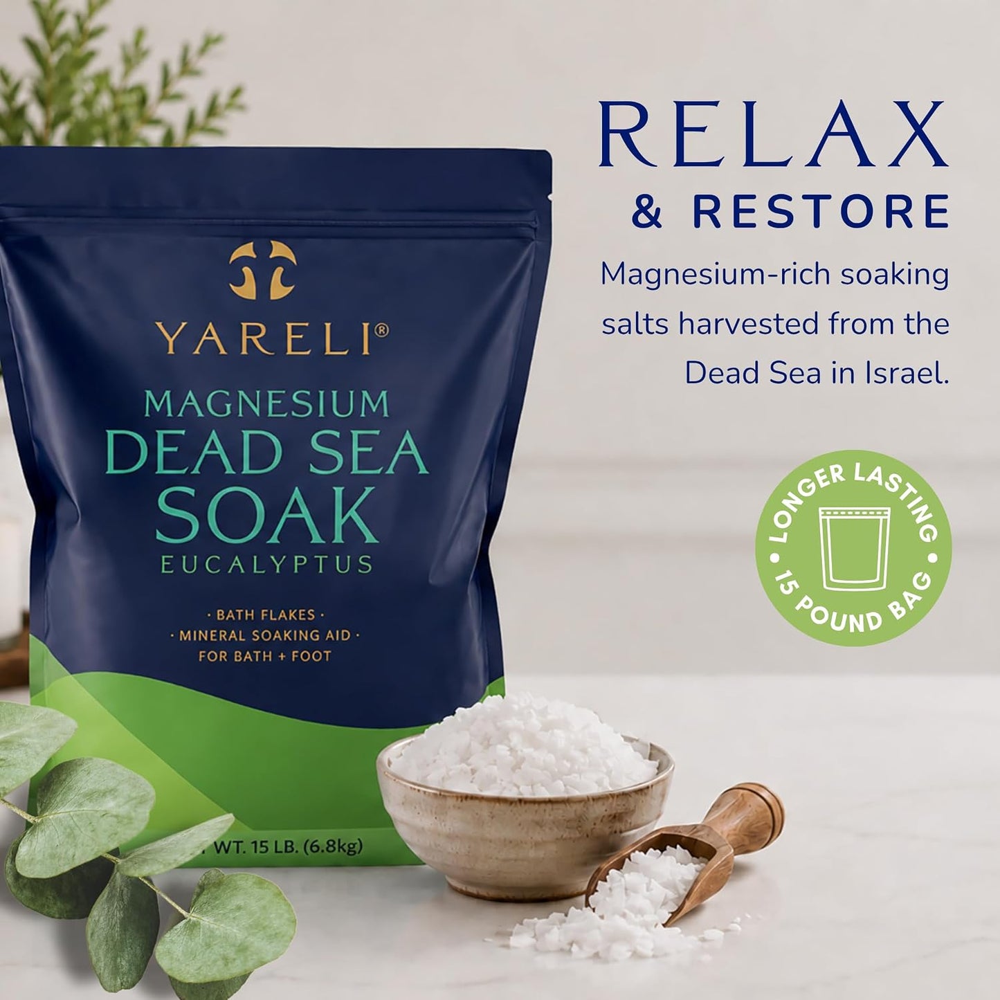 Yareli Magnesium Flakes, 15lb Dead Sea Bath Soak, Alternative to Epsom Salt