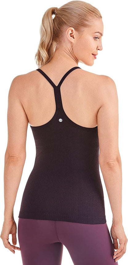 Seamless Rib Y Back Tank Tops | Light Support, Built in Bra, Removable Pads, Yoga, Ribbed, Scoop Neck, for Women