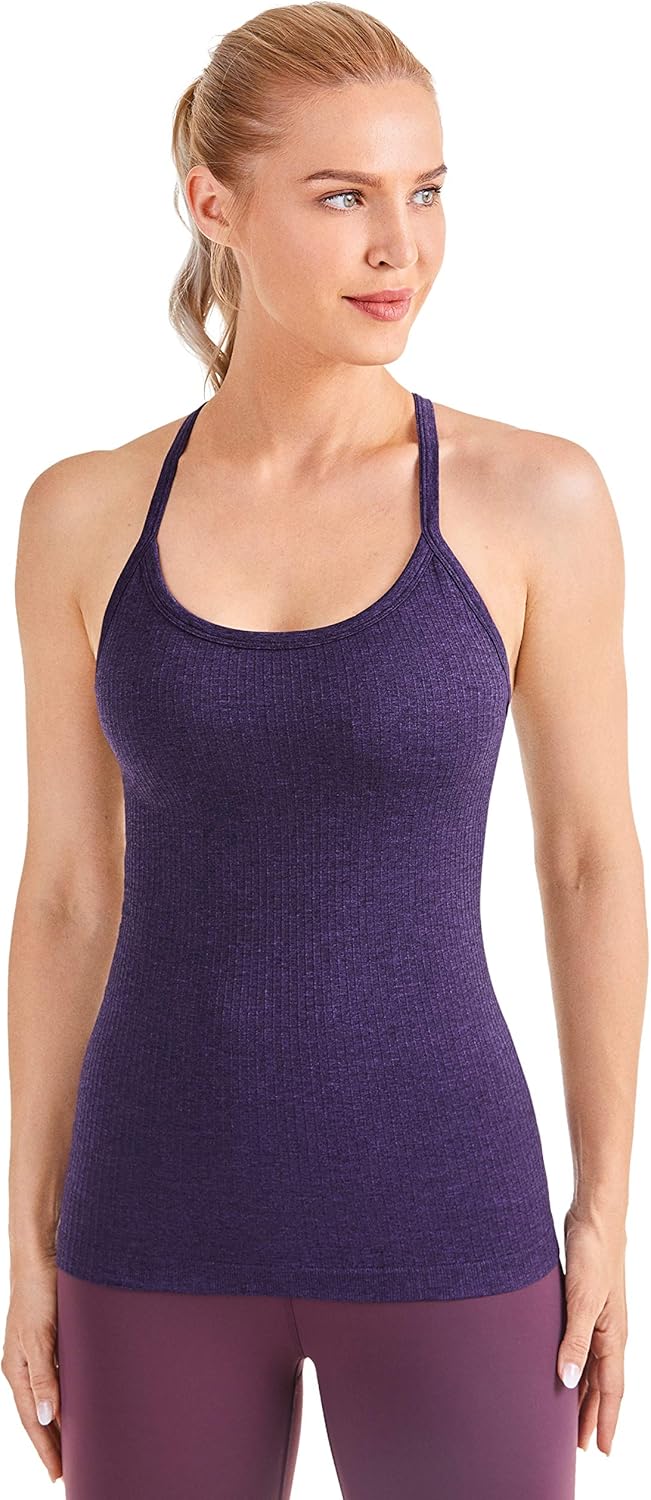 Seamless Rib Y Back Tank Tops | Light Support, Built in Bra, Removable Pads, Yoga, Ribbed, Scoop Neck, for Women