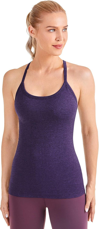Seamless Rib Y Back Tank Tops | Light Support, Built in Bra, Removable Pads, Yoga, Ribbed, Scoop Neck, for Women