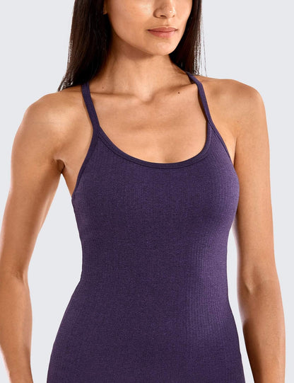 Seamless Rib Y Back Tank Tops | Light Support, Built in Bra, Removable Pads, Yoga, Ribbed, Scoop Neck, for Women