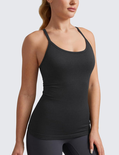 Seamless Rib Y Back Tank Tops | Light Support, Built in Bra, Removable Pads, Yoga, Ribbed, Scoop Neck, for Women