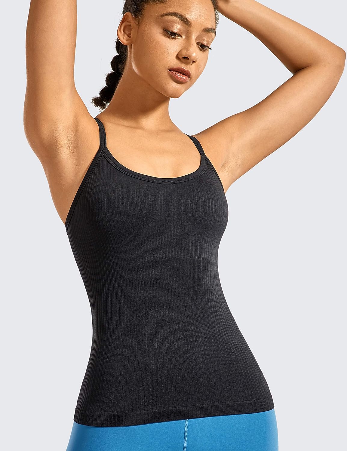 Seamless Rib Y Back Tank Tops | Light Support, Built in Bra, Removable Pads, Yoga, Ribbed, Scoop Neck, for Women