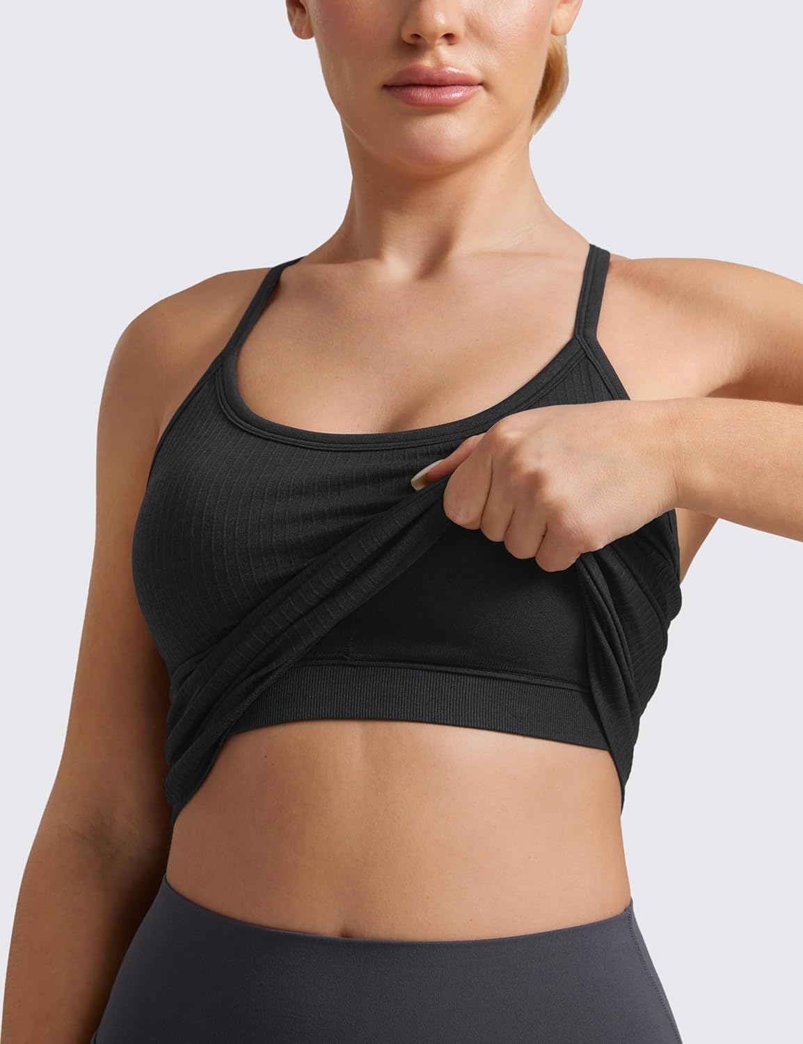 Seamless Rib Y Back Tank Tops | Light Support, Built in Bra, Removable Pads, Yoga, Ribbed, Scoop Neck, for Women