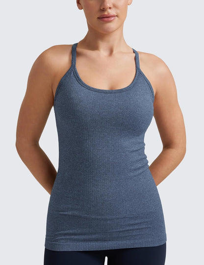 Seamless Rib Y Back Tank Tops | Light Support, Built in Bra, Removable Pads, Yoga, Ribbed, Scoop Neck, for Women