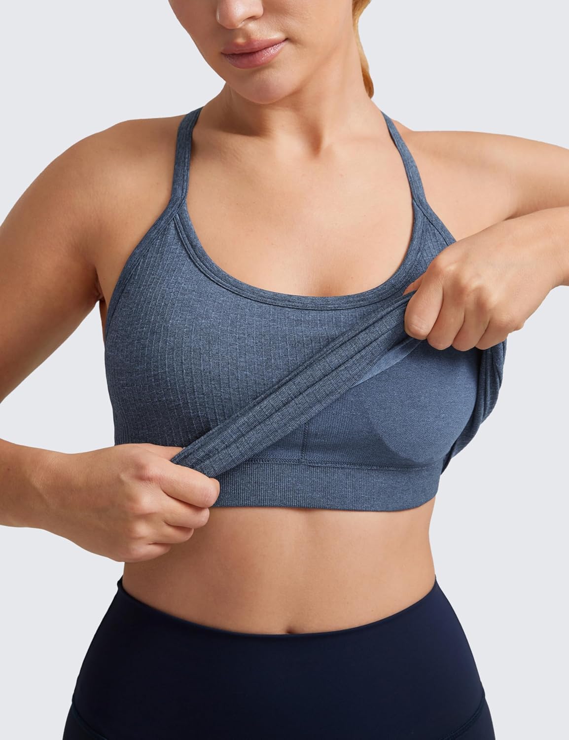Seamless Rib Y Back Tank Tops | Light Support, Built in Bra, Removable Pads, Yoga, Ribbed, Scoop Neck, for Women