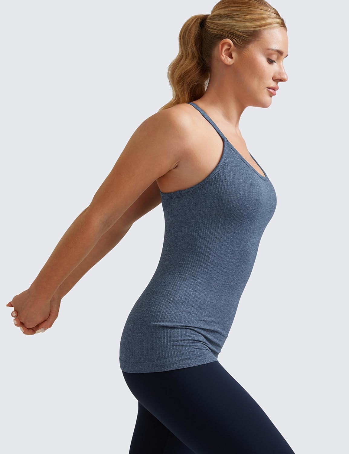 Seamless Rib Y Back Tank Tops | Light Support, Built in Bra, Removable Pads, Yoga, Ribbed, Scoop Neck, for Women