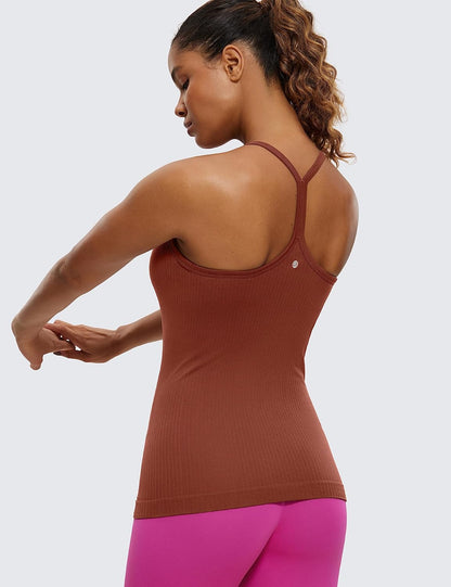 Seamless Rib Y Back Tank Tops | Light Support, Built in Bra, Removable Pads, Yoga, Ribbed, Scoop Neck, for Women