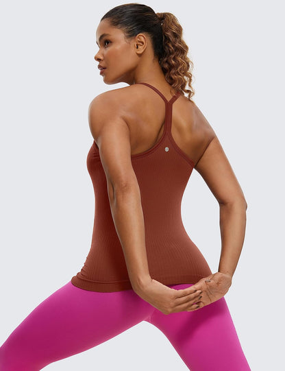 Seamless Rib Y Back Tank Tops | Light Support, Built in Bra, Removable Pads, Yoga, Ribbed, Scoop Neck, for Women