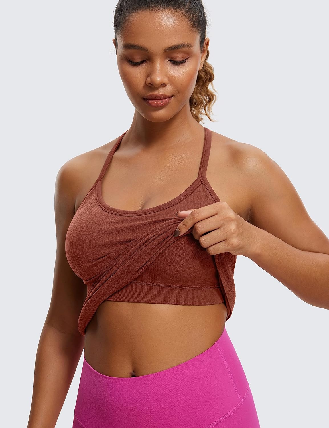 Seamless Rib Y Back Tank Tops | Light Support, Built in Bra, Removable Pads, Yoga, Ribbed, Scoop Neck, for Women