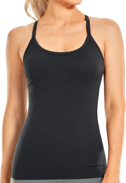 Seamless Rib Y Back Tank Tops | Light Support, Built in Bra, Removable Pads, Yoga, Ribbed, Scoop Neck, for Women