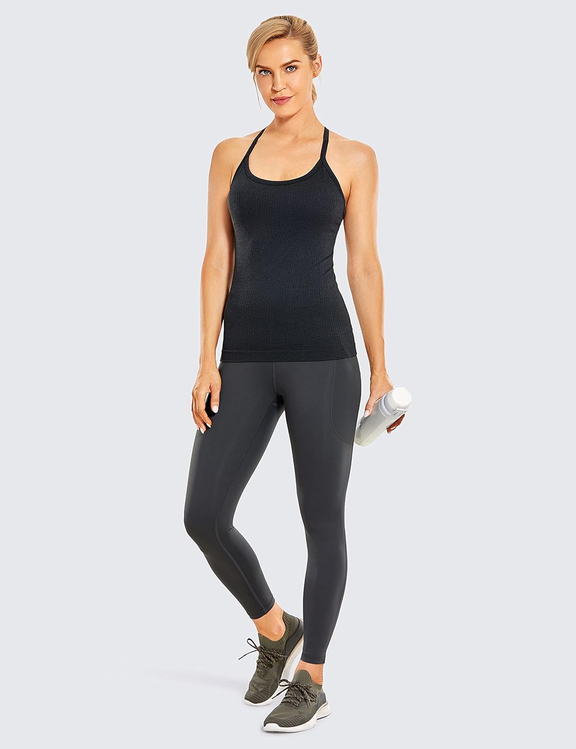Seamless Rib Y Back Tank Tops | Light Support, Built in Bra, Removable Pads, Yoga, Ribbed, Scoop Neck, for Women