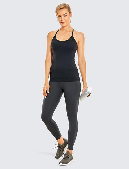 Seamless Rib Y Back Tank Tops | Light Support, Built in Bra, Removable Pads, Yoga, Ribbed, Scoop Neck, for Women