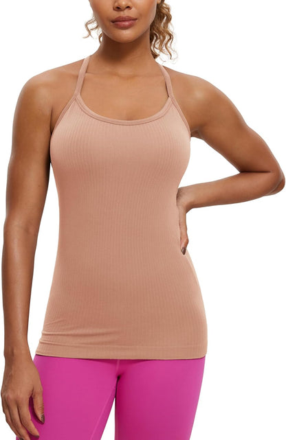 Seamless Rib Y Back Tank Tops | Light Support, Built in Bra, Removable Pads, Yoga, Ribbed, Scoop Neck, for Women