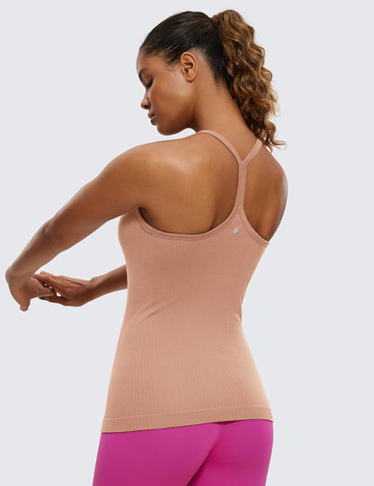 Seamless Rib Y Back Tank Tops | Light Support, Built in Bra, Removable Pads, Yoga, Ribbed, Scoop Neck, for Women