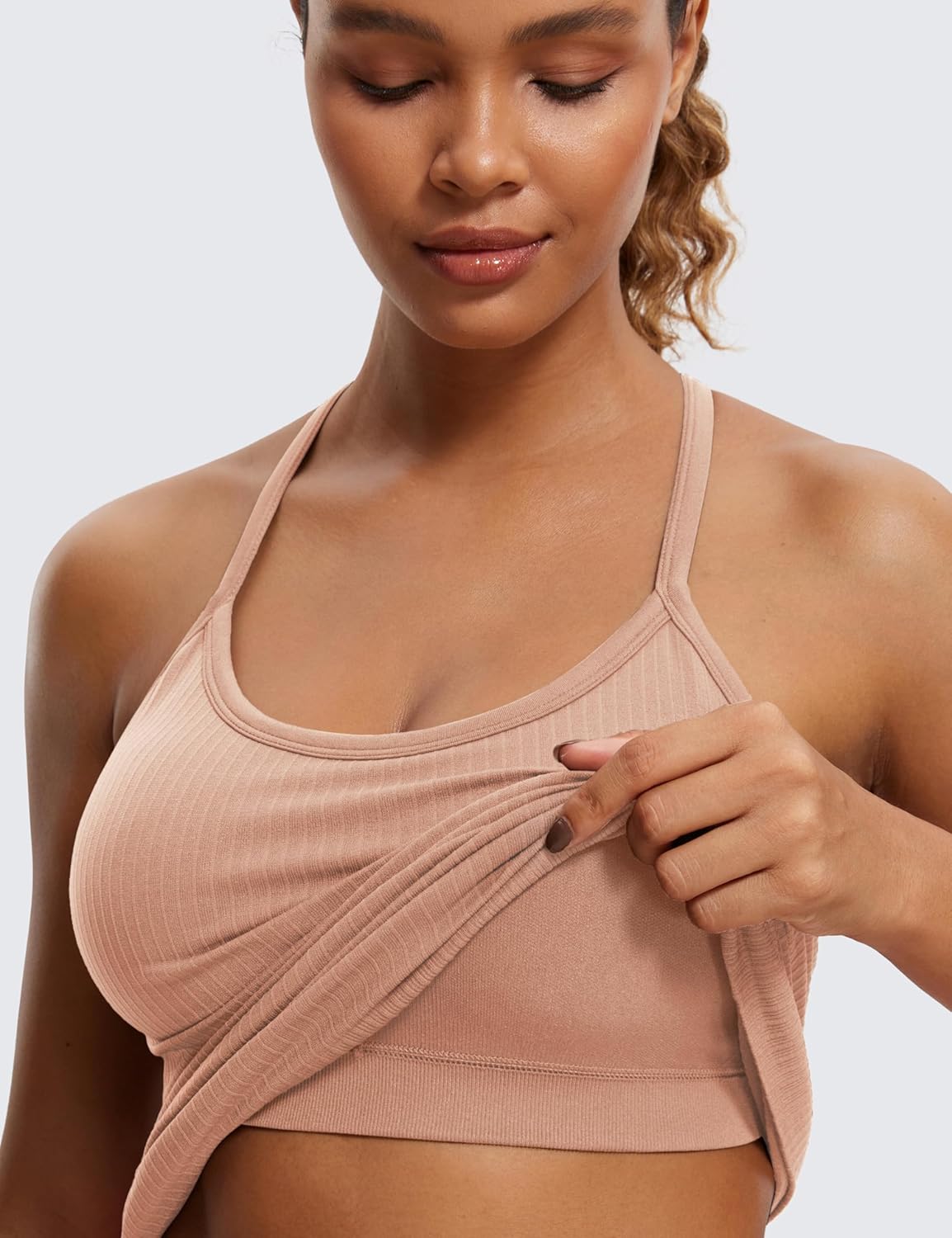 Seamless Rib Y Back Tank Tops | Light Support, Built in Bra, Removable Pads, Yoga, Ribbed, Scoop Neck, for Women