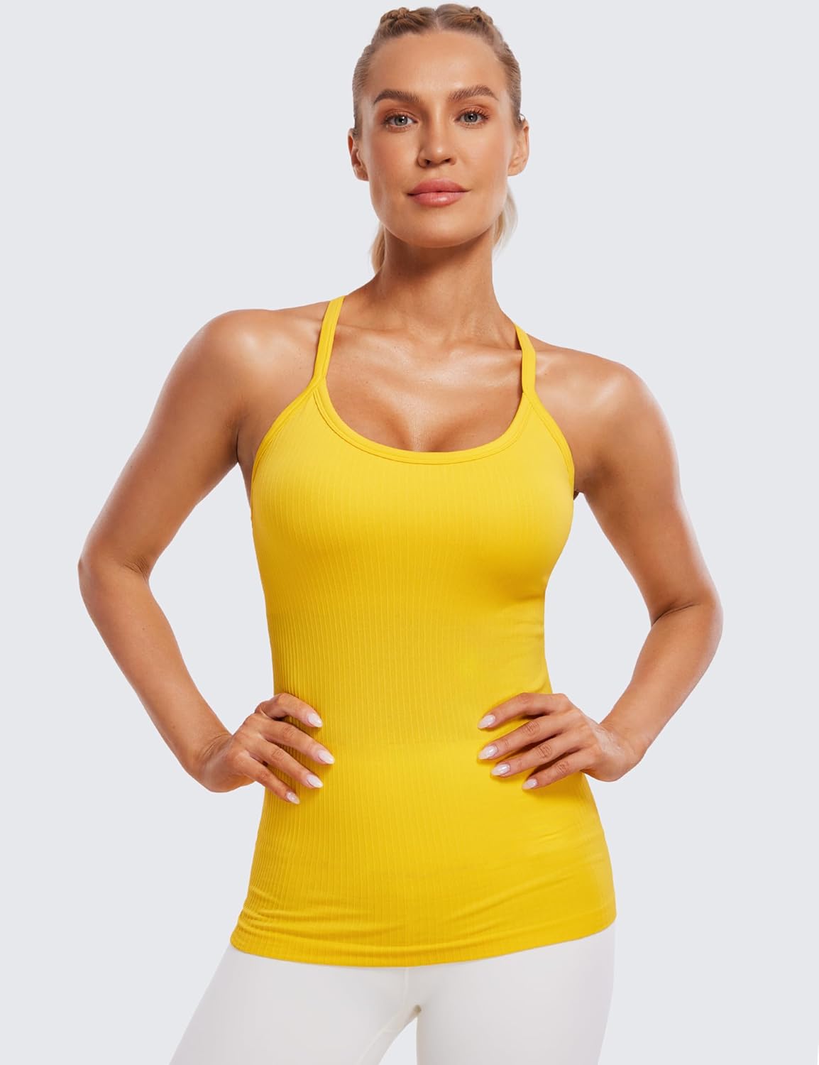 Seamless Rib Y Back Tank Tops | Light Support, Built in Bra, Removable Pads, Yoga, Ribbed, Scoop Neck, for Women