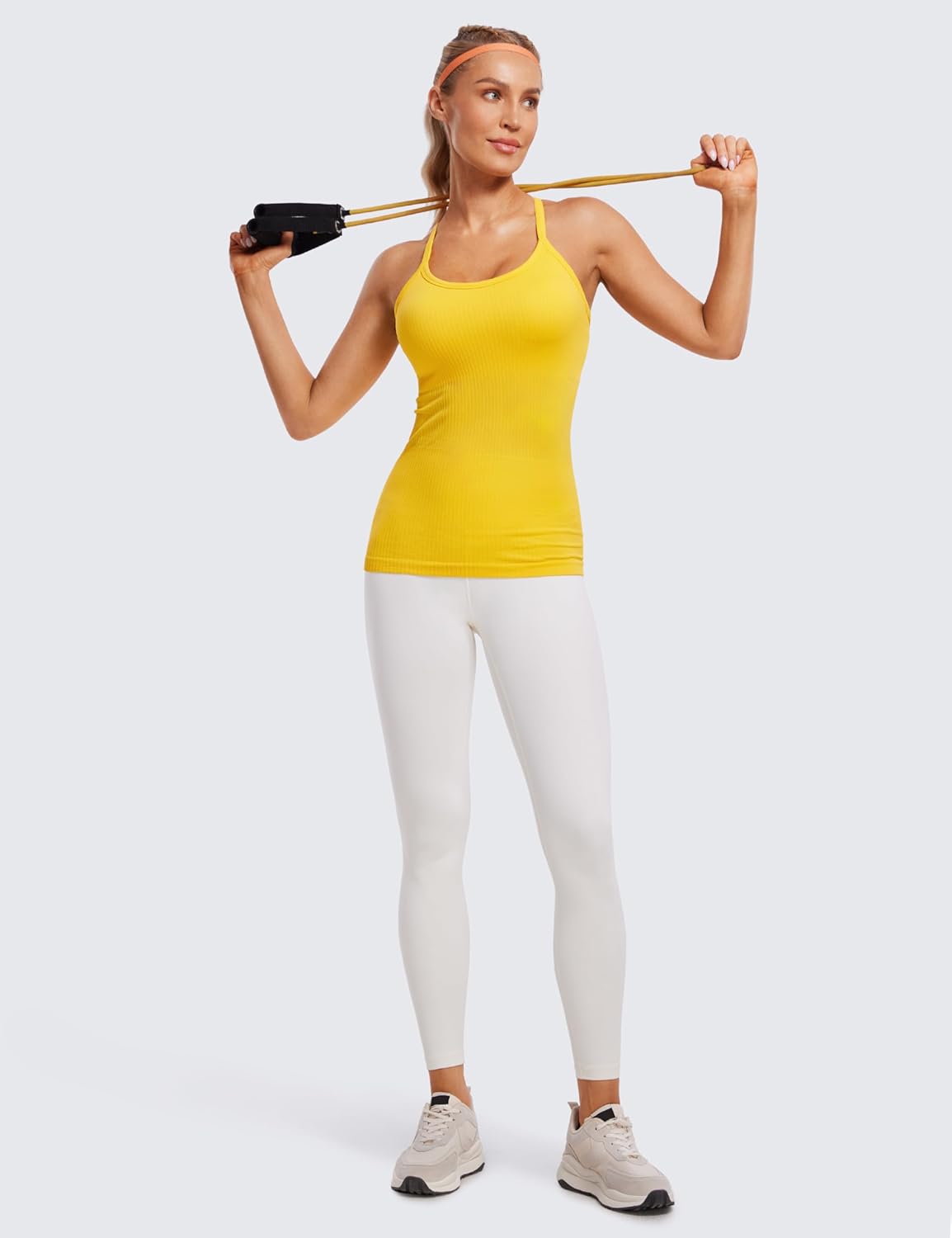 Seamless Rib Y Back Tank Tops | Light Support, Built in Bra, Removable Pads, Yoga, Ribbed, Scoop Neck, for Women