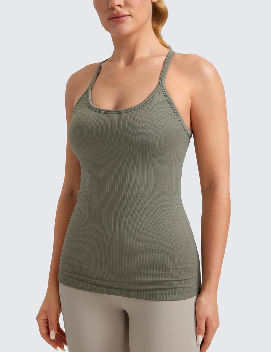 Seamless Rib Y Back Tank Tops | Light Support, Built in Bra, Removable Pads, Yoga, Ribbed, Scoop Neck, for Women
