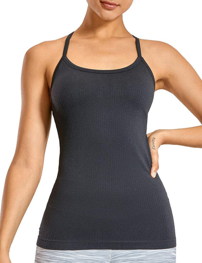 Seamless Rib Y Back Tank Tops | Light Support, Built in Bra, Removable Pads, Yoga, Ribbed, Scoop Neck, for Women