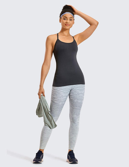 Seamless Rib Y Back Tank Tops | Light Support, Built in Bra, Removable Pads, Yoga, Ribbed, Scoop Neck, for Women