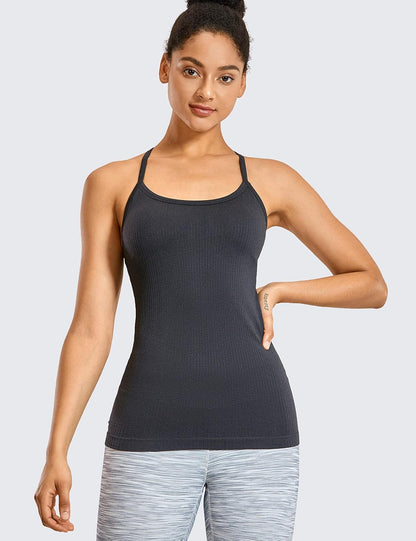 Seamless Rib Y Back Tank Tops | Light Support, Built in Bra, Removable Pads, Yoga, Ribbed, Scoop Neck, for Women