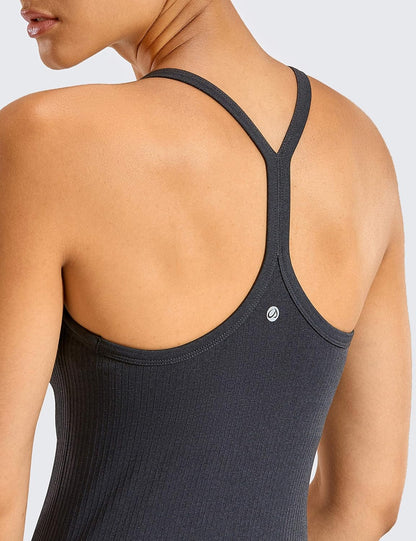 Seamless Rib Y Back Tank Tops | Light Support, Built in Bra, Removable Pads, Yoga, Ribbed, Scoop Neck, for Women