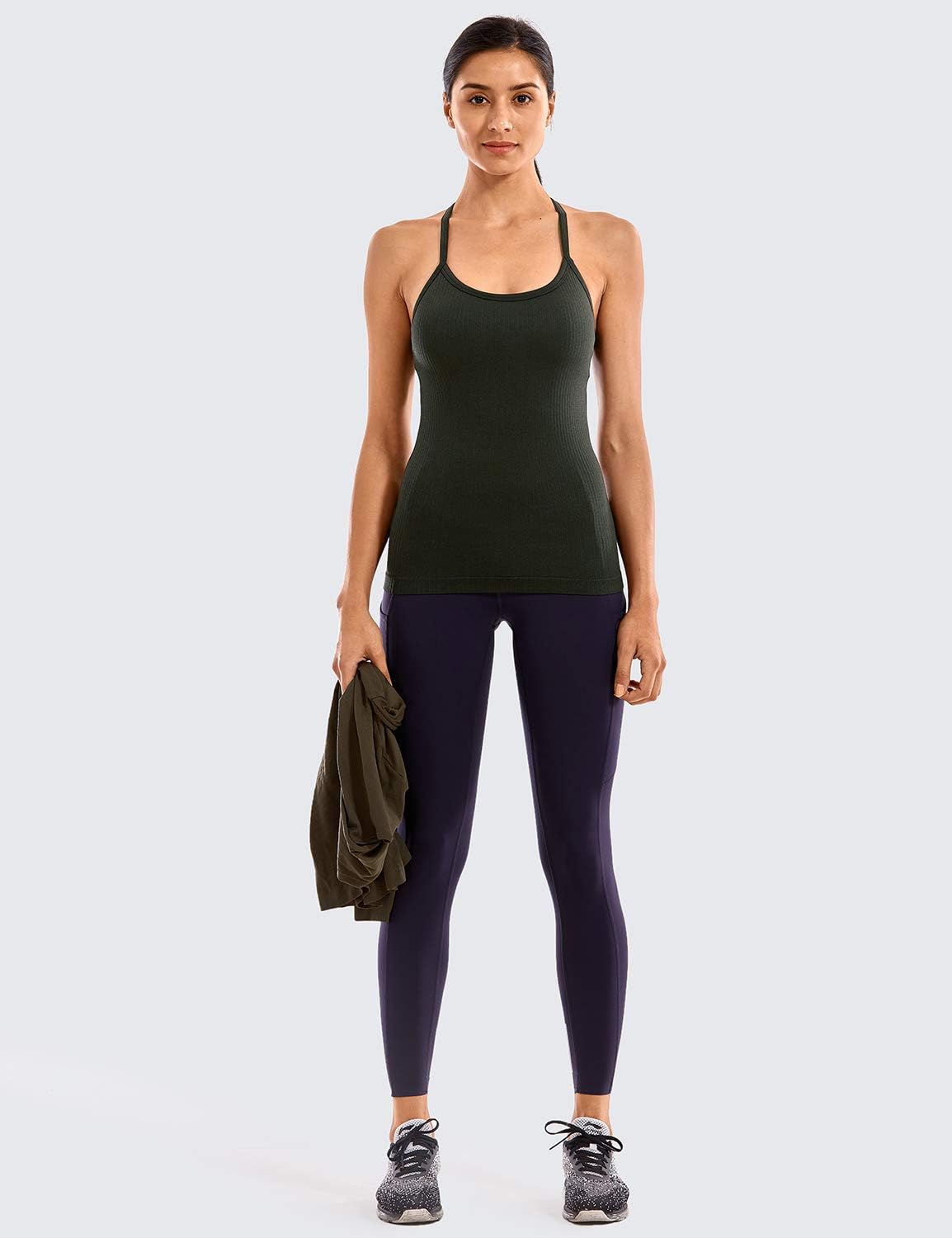 Seamless Rib Y Back Tank Tops | Light Support, Built in Bra, Removable Pads, Yoga, Ribbed, Scoop Neck, for Women