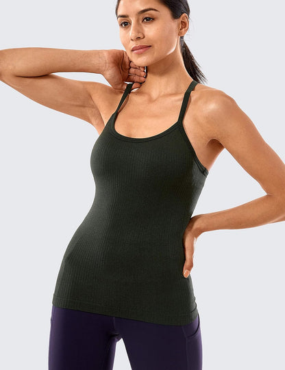 Seamless Rib Y Back Tank Tops | Light Support, Built in Bra, Removable Pads, Yoga, Ribbed, Scoop Neck, for Women