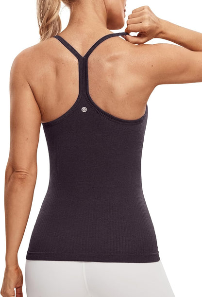 Seamless Rib Y Back Tank Tops | Light Support, Built in Bra, Removable Pads, Yoga, Ribbed, Scoop Neck, for Women