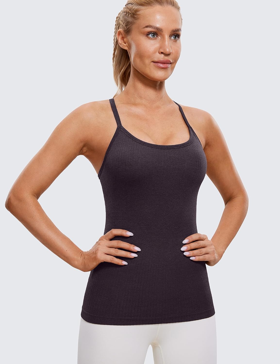Seamless Rib Y Back Tank Tops | Light Support, Built in Bra, Removable Pads, Yoga, Ribbed, Scoop Neck, for Women