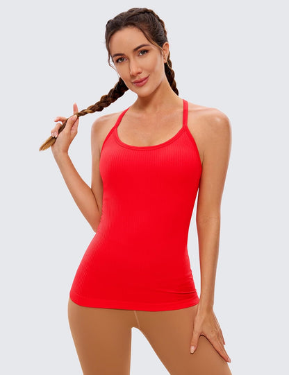 Seamless Rib Y Back Tank Tops | Light Support, Built in Bra, Removable Pads, Yoga, Ribbed, Scoop Neck, for Women