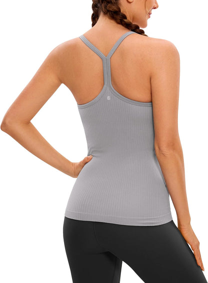 Seamless Rib Y Back Tank Tops | Light Support, Built in Bra, Removable Pads, Yoga, Ribbed, Scoop Neck, for Women