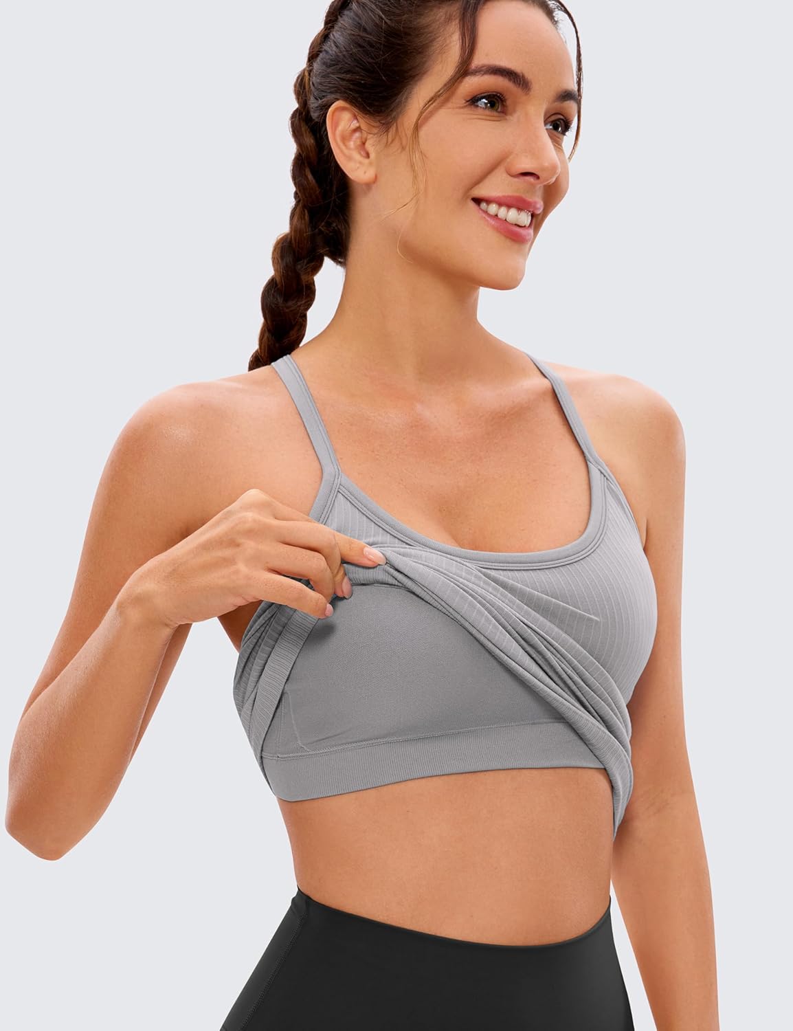 Seamless Rib Y Back Tank Tops | Light Support, Built in Bra, Removable Pads, Yoga, Ribbed, Scoop Neck, for Women