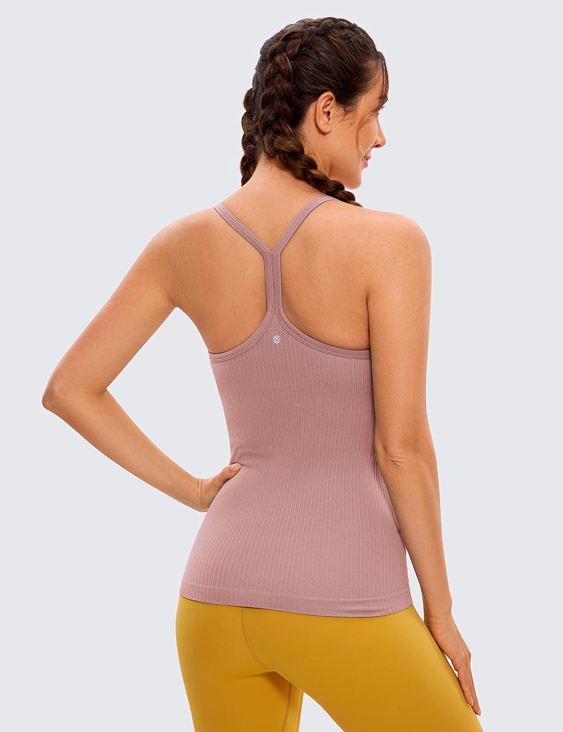 Seamless Rib Y Back Tank Tops | Light Support, Built in Bra, Removable Pads, Yoga, Ribbed, Scoop Neck, for Women