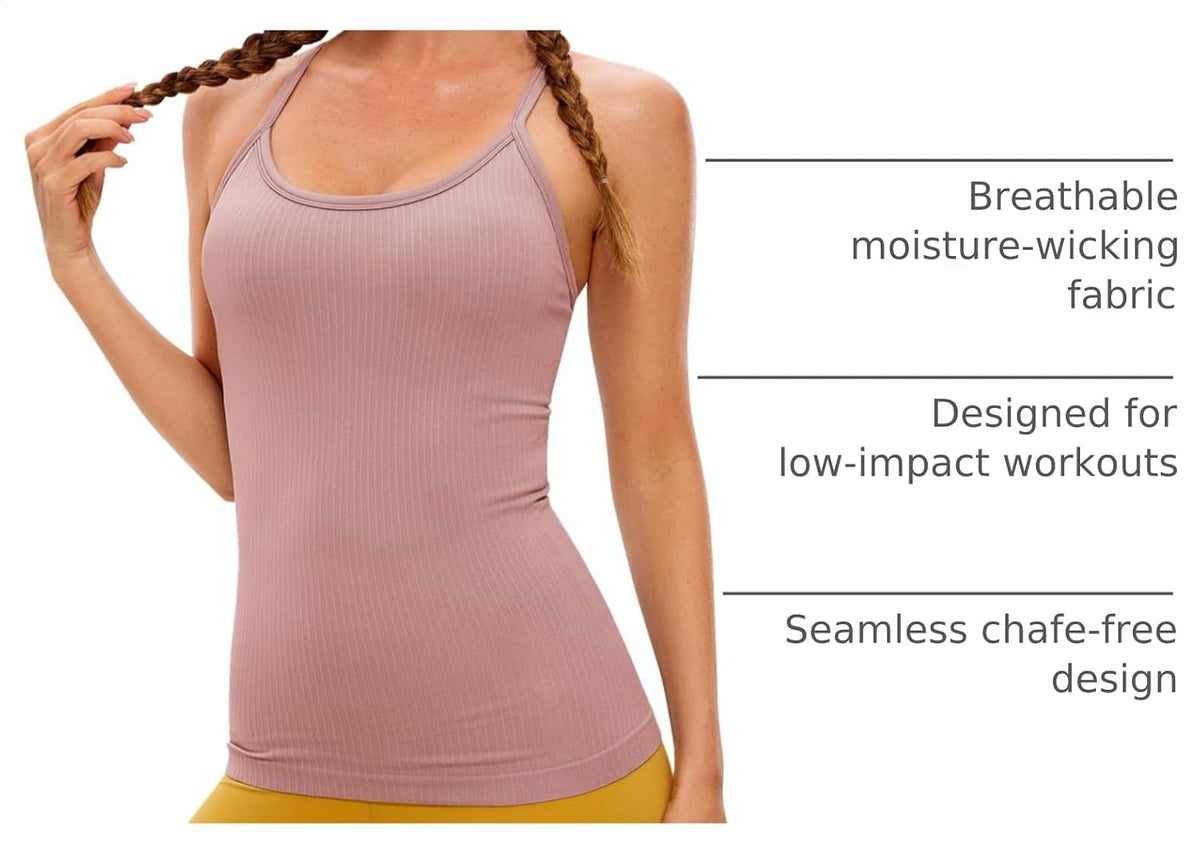 Seamless Rib Y Back Tank Tops | Light Support, Built in Bra, Removable Pads, Yoga, Ribbed, Scoop Neck, for Women