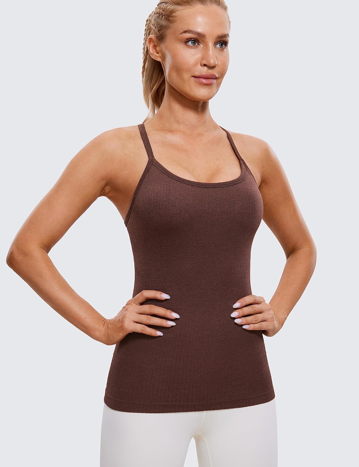 Seamless Rib Y Back Tank Tops | Light Support, Built in Bra, Removable Pads, Yoga, Ribbed, Scoop Neck, for Women